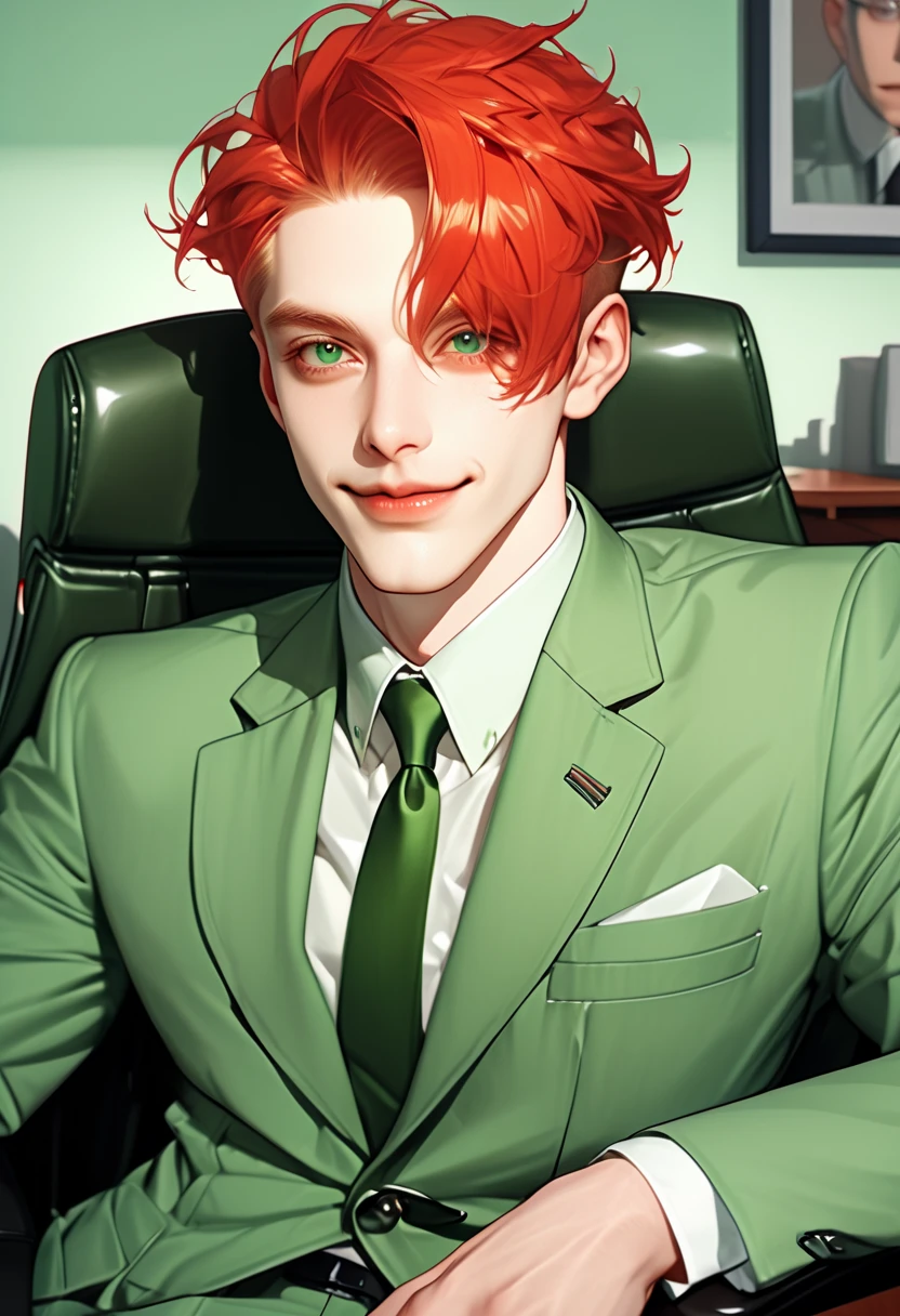 male, pale skin, green suit, sitting in an office chair, short red hair covering one eye, green eyes, 3/4 view of face, smiling expression, detailed background: office, extremely high detail, semi-realistic illustration, ultra high definition, art style by kuvshinov ilya and greg rutkowski