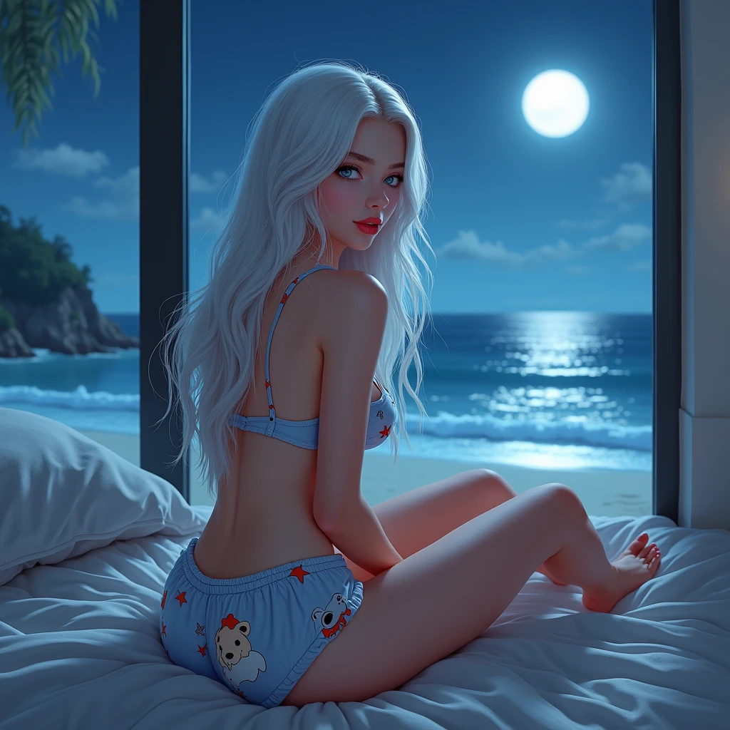 ((girl in Blue bikini)) lies on a lounger on the night beach, fullbody, beach, waves, horizon line, deep starry sky, 
girl lying on her back,

looks to the side, looks up, the girl looks up at the stars, the night starry sky, the moon and stars of the milky way in the sky, the girl leans her back on the back of the lounger, the ocean and waves at night, adult, [Nordic], Hourglass elongated fitness body, perfect Olive skin, Oval Face, Long neck, Rounded shoulders, perfect hand,  Attached Pointed ears, round forehead, Short blonde Waves pixie hair, snub nose, Arched eyebrows, Monolid blue Eyes, High Round Narrow cheekbones, Dimpled Cheeks, Rounded Chin, Rounded Jawline, Fine Puppet Wrinkles, Full nude Lips, (blue eyes), Nude Makeup Look, long eyelashes, Hourglass-shaped hips, Slim thighs, long slim fitness legs, third breast size, Linear Hourglass-shaped abs,   graphic style of novel comics, perfect hands, 2d,
8k, hyperrealism, masterpiece, high resolution, best quality, ultra-detailed, super realistic, Hyperrealistic art, high-quality, ultra high res, highest detailed, lot of details, Extremely high-resolution details, incredibly lifelike, colourful, soft cinematic light,
