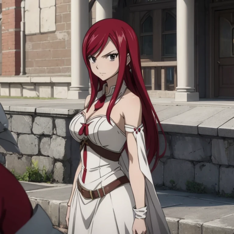 Erza Scarlet (Fairy Tail),Solo, 1girl, Masterpiece, High Resolution, Best Quality, Super Detailed, Sharp Focus, Full Body, Scarlet Hair, Large breasts, Diamond-shape Silver Earrings, Brown Eyes, Long Hair, Slender, Voluptuous Figure, Red Latex, Bedroom