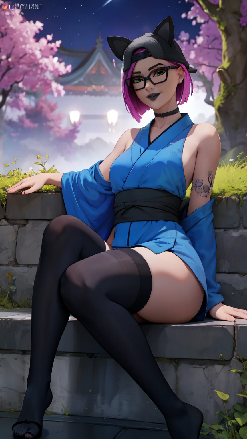 (Green tattoo)、(((naked)))、(((pubic hair)))、female organ、beautiful beauty、Purple hair short ponytail、((whole body))、(((photo taken from below)))、night sky、The background is a night forest