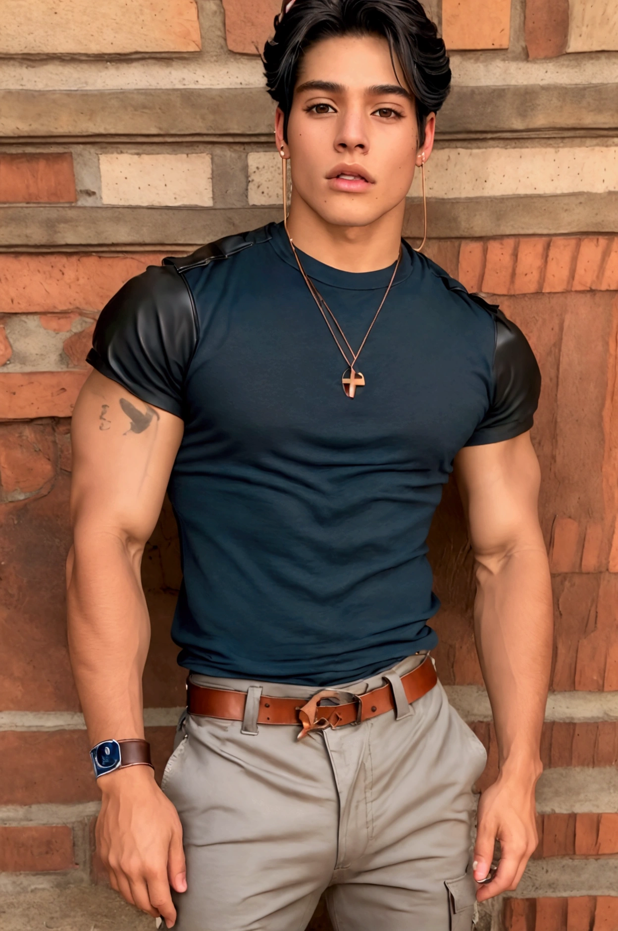 Mexican boy of 20 years ,  muscular athletic ,  black hair,  brown eyes, white shirt,  blue Converse ,  with ear piercings and leather wristbands of 1.80 with huge penis marking itself in his pants