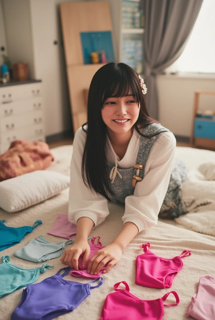 A cute girl is happily trying on swimsuits in her room, deciding which one to wear