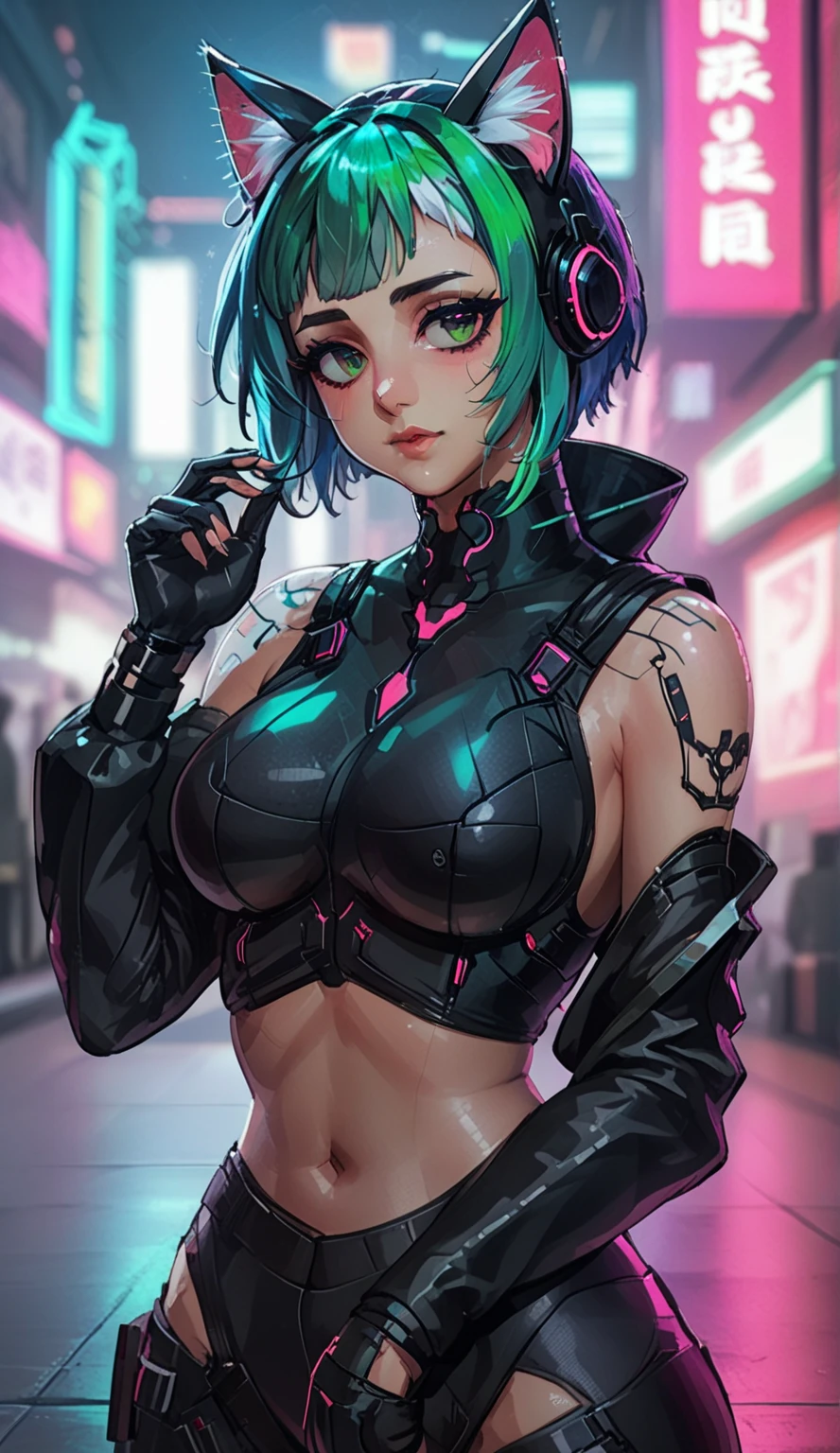 anime - style woman in black cat suit with green hair and cat ears, cyberpunk vibes, cyberpunk vibe, in cyberpunk style, cyberpunk girl, cyberpunk anime girl, digital cyberpunk - anime art, dreamy cyberpunk girl, female cyberpunk anime girl, cyberpunk art style, muted cyberpunk style, cyberpunk style, digital cyberpunk anime art, hyper-realistic cyberpunk style, muscular! cyberpunk