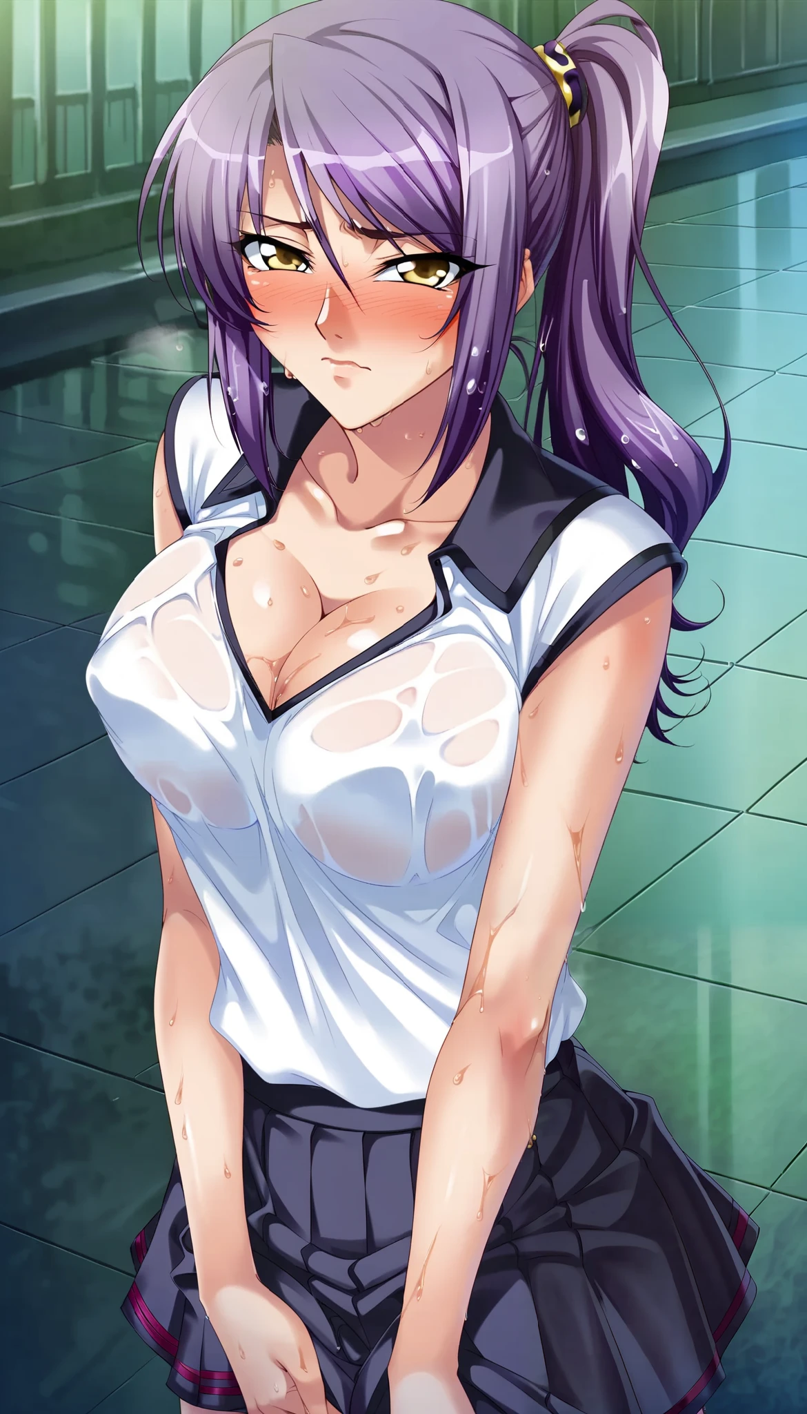 score_9,score_8_up,score_7_up,ultra detailed,absolutely resolution, 32k,masterpiece,best quality,ultra HD quality,detailed beautiful face and eyes,Kagami Hirotaka,kawaii girl,purple hair,side ponytail,(embarrassed+in heat,blush,Steam),gleaming skin, school uniform, short sleeve shirt,skirt,(Wet crotch),cleavage,upper body,from above,looking at viewer,((night park))