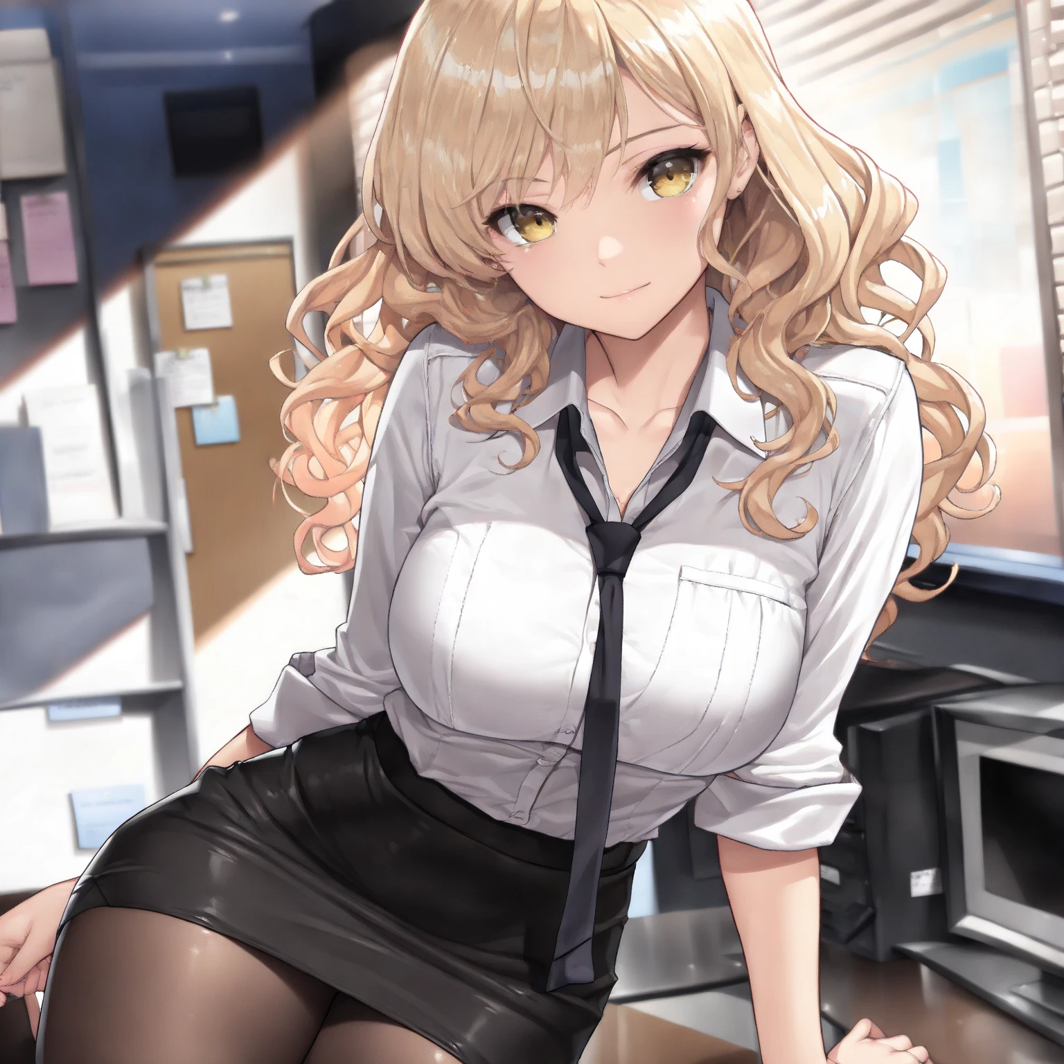 a beautiful woman with short blonde hair in a bobed hair, large breasts, wavy hair, yellow eyes, light smile, wearing a office uniform, tie, pencil skirt, tights, solo, (best quality,4k,8k,highres,masterpiece:1.2),ultra-detailed,intricate details, high fashion, dramatic lighting, warm colors, chiaroscuro