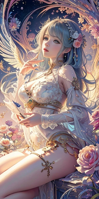 from below, seamless image fusion, beautiful and adorable white demon queen, amorous and lewd face, cool and sadistic, looking down with a cold gaze, make-up, silky straight white hair, wearing iridescent pure white long dress, choker, covered in tattoos, great proportion, crimson eyes, luxuriously designed pure white castle, languidly seated on gold thread-decorated throne, iridescent petals fluttering down, rainbow neon light effects, shading effects, gradation magic effects, glitter effects, (ultra detailed, absolutely resolution, best quality:1.3), 2.5D, delicate and dynamic, artistic photography, hyper realistic, graphic CG digital art