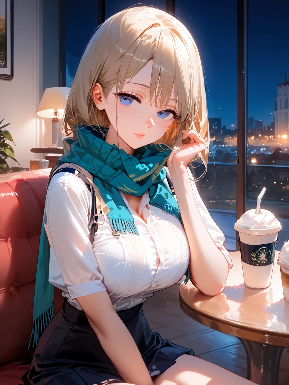 Absurd, Ultra-detailed,Bright colors, 8k,Masseter muscle area,Very beautifully detailed face and eyes, Age 25,(Smooth and straight blonde hair), (Shiny Hair:1.2), Delicate and beautiful face, blush、(Deep blue eyes:1.3),(Smooth and straight blonde hair:1.3),(Shiny Hair 1.2),Inside the room, Gazing at the audience,(You can see the starry sky from the window:1.2),(Relaxed smile:1.4), ribbon, window,plant,Chair,bangs,table, Clothes, Jacket, Long sleeve, Potted plants, Blur, 白いJacket, Clothesを開けて, (Fashionable bras look a bit:1.3),cup, From the side, Feet are outside the frame, Depth of written boundary,Barrette, Earrings, necklace,Night Scenery