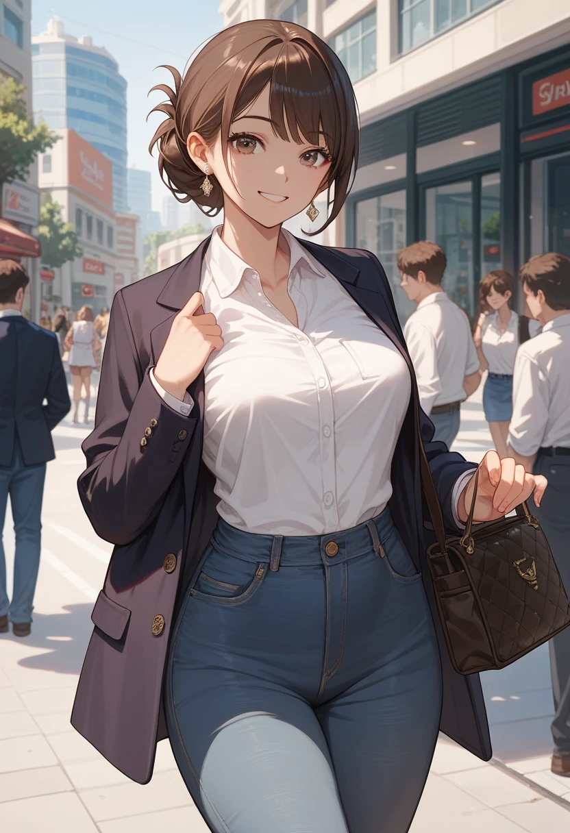 wide view, anime style, 1 woman, dress shirts, blazer, jeans, medium breast, dark brown hair, bang hairstyle, little smile, designer bag in her shoulder, luxurious downtown street