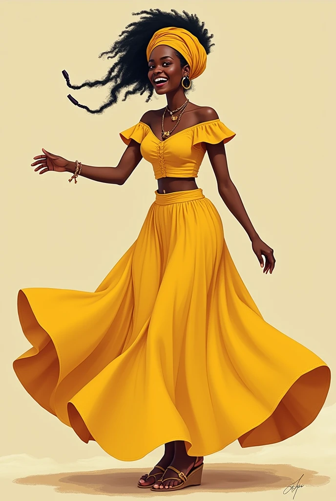 A highly detailed 3D African American woman. Full body image. Pixar, Disney like. Plain background. A social media influencer wearing a beautiful round flower dress yellow sneakers