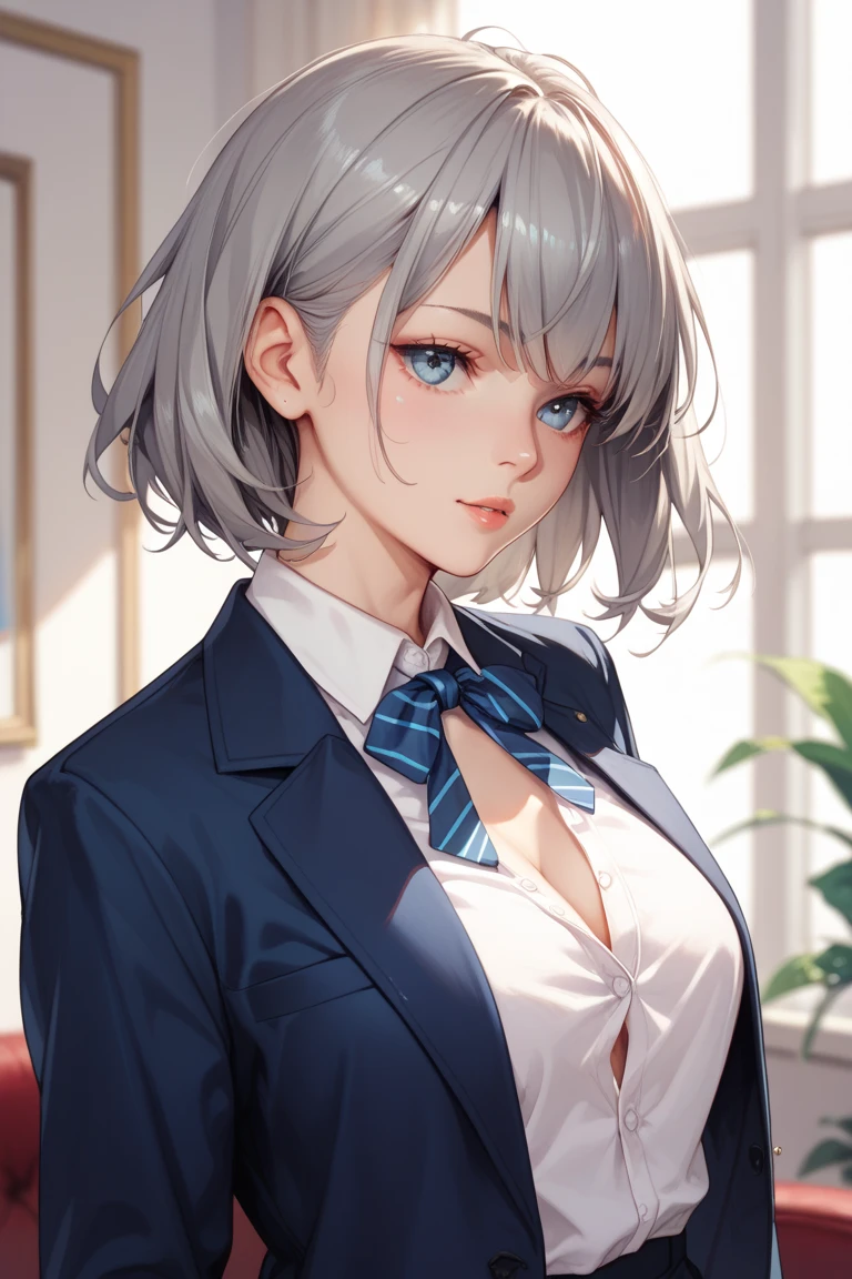 8k quality，Ultra HD，Stunning mature beauty,Intellectual elegance，((White doctor&#39;s robe)),Brown hair,(best quality,masterpiece:1.2),1lady solo, sitting, (looking at viewers), (white lab coat) stylish outfit, mature female, /(dark brown hair/) bangs, kind smile, (masterpiece best quality:1.2) delicate illustration ultra-detailed, large breasts, pantyhose, /(stethoscope around neck/) BREAK (hospital examination room) indoors, work desk, detailed background