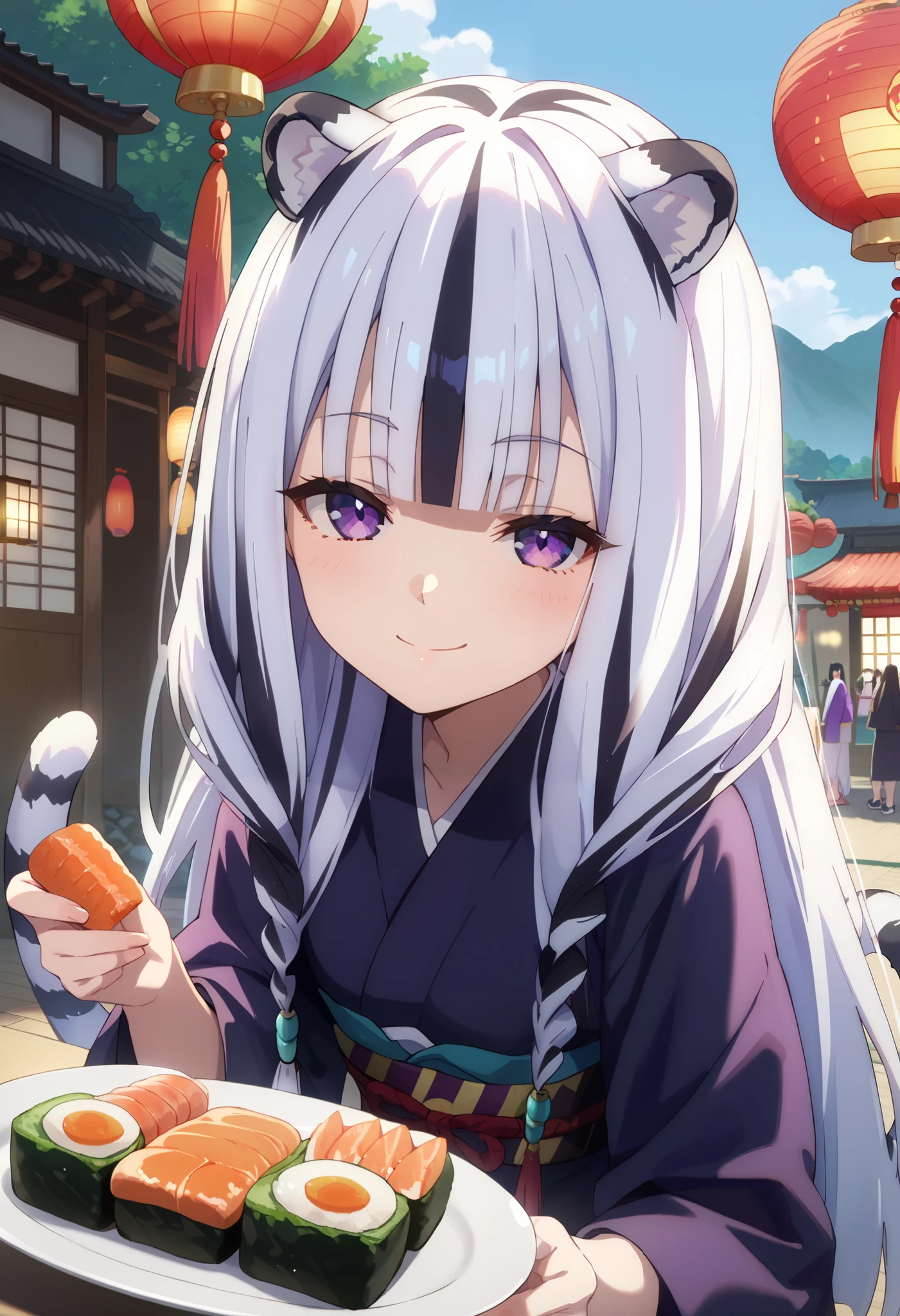 ((masterpiece)), anime lighting, 1girl, solo, long hair, white hair, black hair, multicolored hair, open eyes, purple eyes, cute, night festival scenery, japanese festival, holding plate with sushi, looking at viewer, viewer POV, smile, feeding viewer with sushi, white tiger ears, white tiger tail, yandere, enjoying, sadistic smile, purple Kimono, black Kimono, multicolored Kimono, half-lidded eyes.