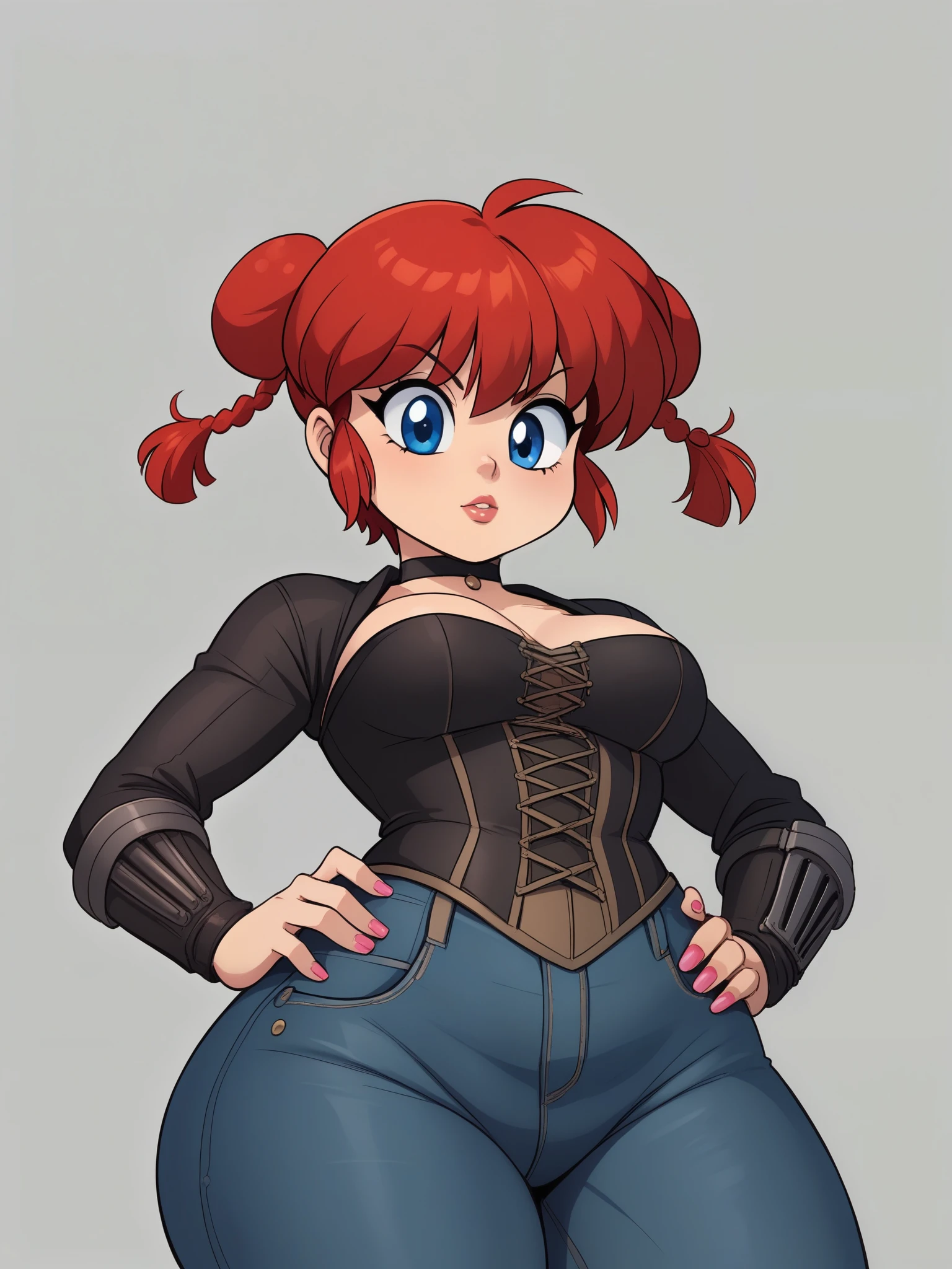 Ranma Saotome. red hair. Blue eyes. pigtail. small saggy breasts. hige hips. bbw. choker. black eyeliner. pink manicure. corset. fallout suit. shirt. jeans. settlement. bottom view. 