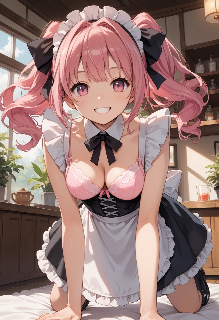masterpiece, best quality, highres, aalala, long hair, ahoge, hair ornament, green eyes,pink hair, , (((huge breasts))), ,,looking viewer,indoor,,smile,,open mouth,(blush,sweating),maid costume,miniskirt,from below