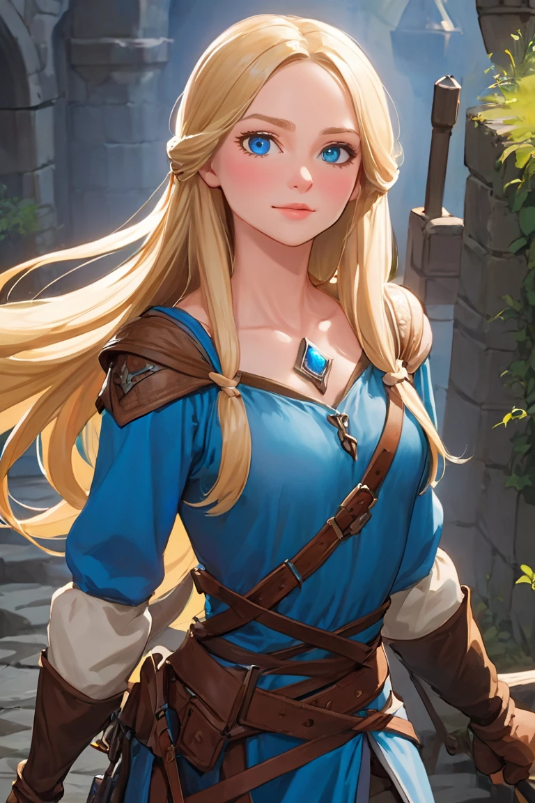 ((Best quality)), ((Masterpiece)), (detailed), perfect face perfect figure, Middle Ages, forest background, 26 year old, Scandinavian woman, Princess, Golden hair, bun-like hairstyle, bright blue eyes, pale skin, large breasts, tight blue dress, off shoulder, cleavage, diamond tiara, blue heels, thrilled smile, teeth, walking, high resolution, (ultra-detailed), (best illustration), (best shadow), (absurdres), (perfect hands, perfect anatomy), (4k textures), epic artistic, sharp focus, even lighting, insane details, intricate details, hyperdetailed, rich colors,
