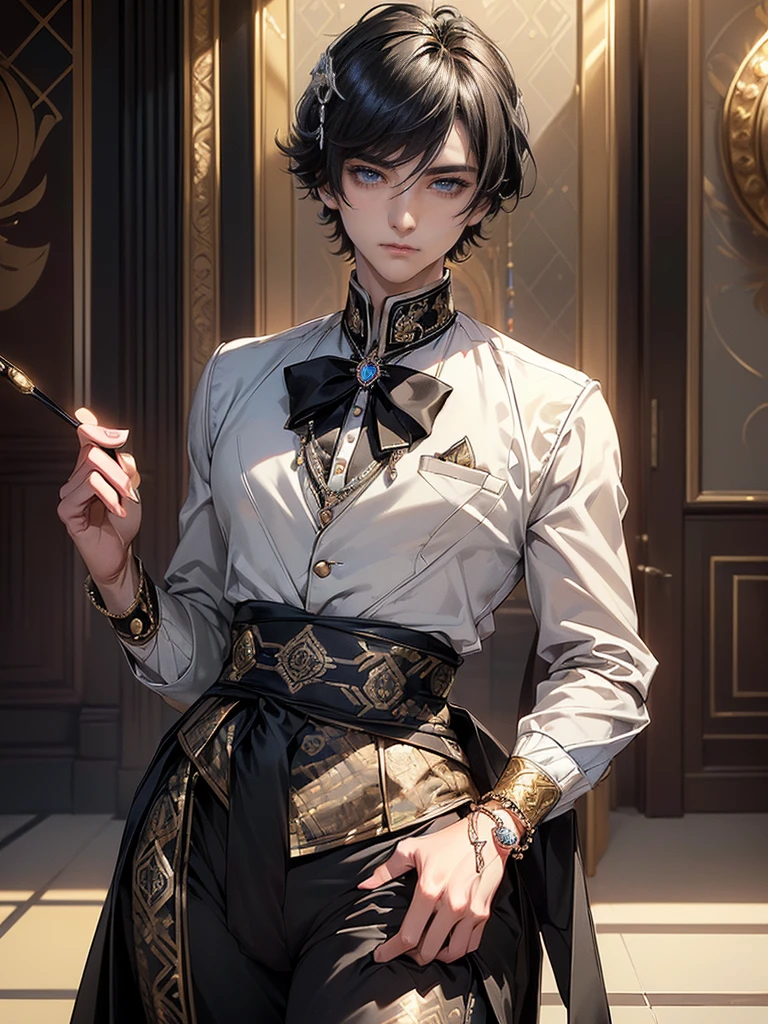 (Masterpiece, Best Quality, Ultra High Resolution , Digital Art,Beautiful and Aesthetic )Perfect proportions of the body especially the hands , not an ordinary perspective . .the whole body is covered by clothes. (strict posture , One Fashionable adult girl with a short oblique bob, slender figure, expressive and dominating look ) in modern men's suit in youth style , matte black color , lovely thin white but long tie , (silk thick threads of red color connect the necklines on the sides of the whole suit) , . The character sits on a large massive sofa with lots of leather and metal patterns on it in vintage style , an interesting and atmospheric pose that characterizes the character ,(Photorealistic style combined 2.5D . Realistic picture , realistic anatomy , beautiful perspective . Best image quality , depth , pastel color , Natural shading , focus on the face , Big Hair ( black with red gelding ) , well detailed eyes , detailed background in modern boudoir style . )