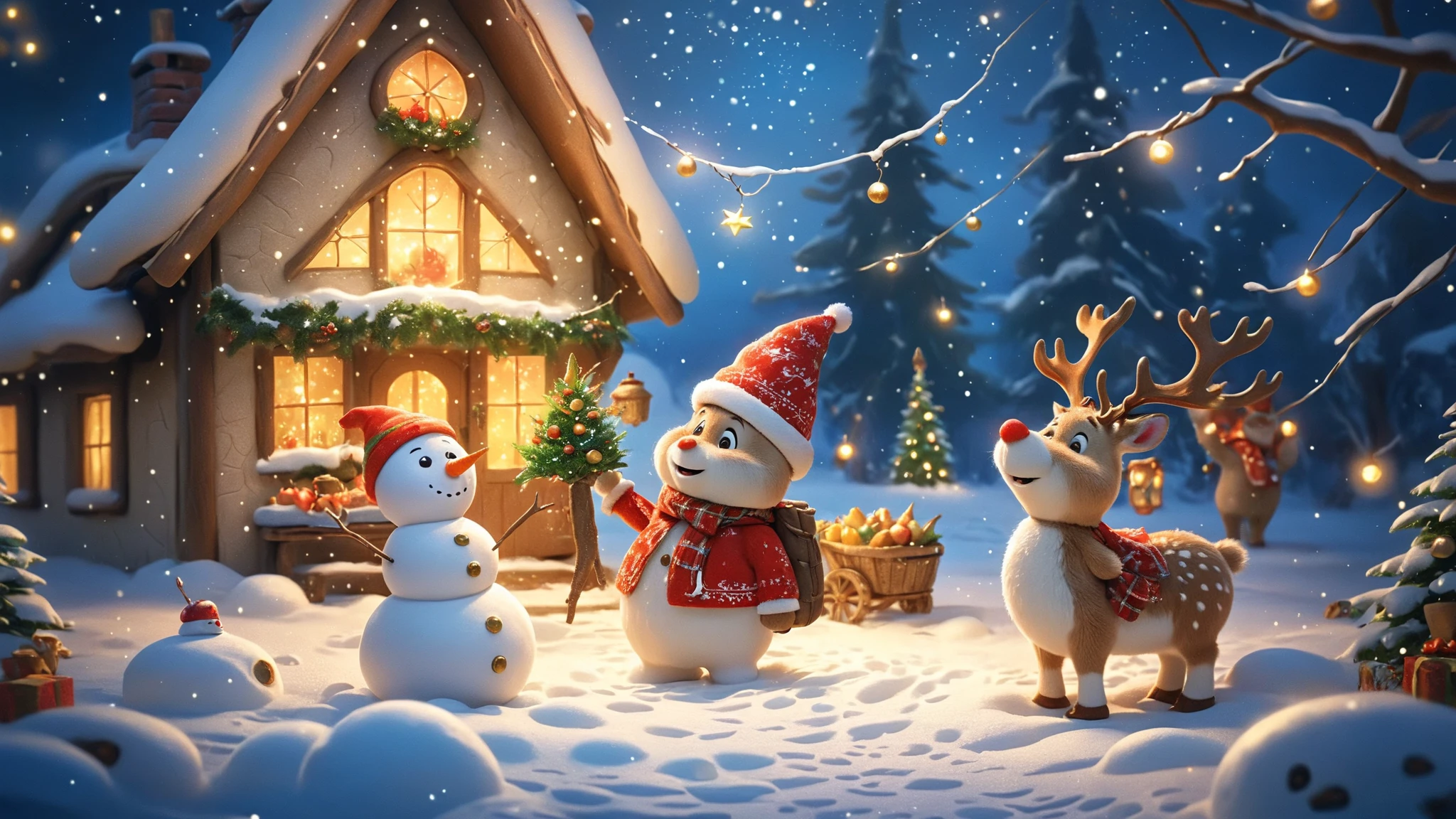 (2boys:1.3),2boy\((Reindeer\(Rudolph,(Red-Nosed:1.2) (Reindeer:1.2),smiling\)) and (Snowman\(Frosty, (corncob pipe:1.2), button nose, coal eyes,(an old silk hat:1.2),smiling\):1.2) \), in the front of beautiful Christmas tree, starry night,. BREAK .quality\(8k,wallpaper of extremely detailed CG unit, high resolution, top-quality, top-quality real texture skin, hyper realistic, increase the resolution, RAW photos, best quality, highly detailed, the wallpaper, golden ratio, high saturation realism, vibrant colors, dramatic lighting, persuasive storytelling, atmospheric scenery, captivating visuals, intricate details, strong emotions, dreamlike world\),landscape,