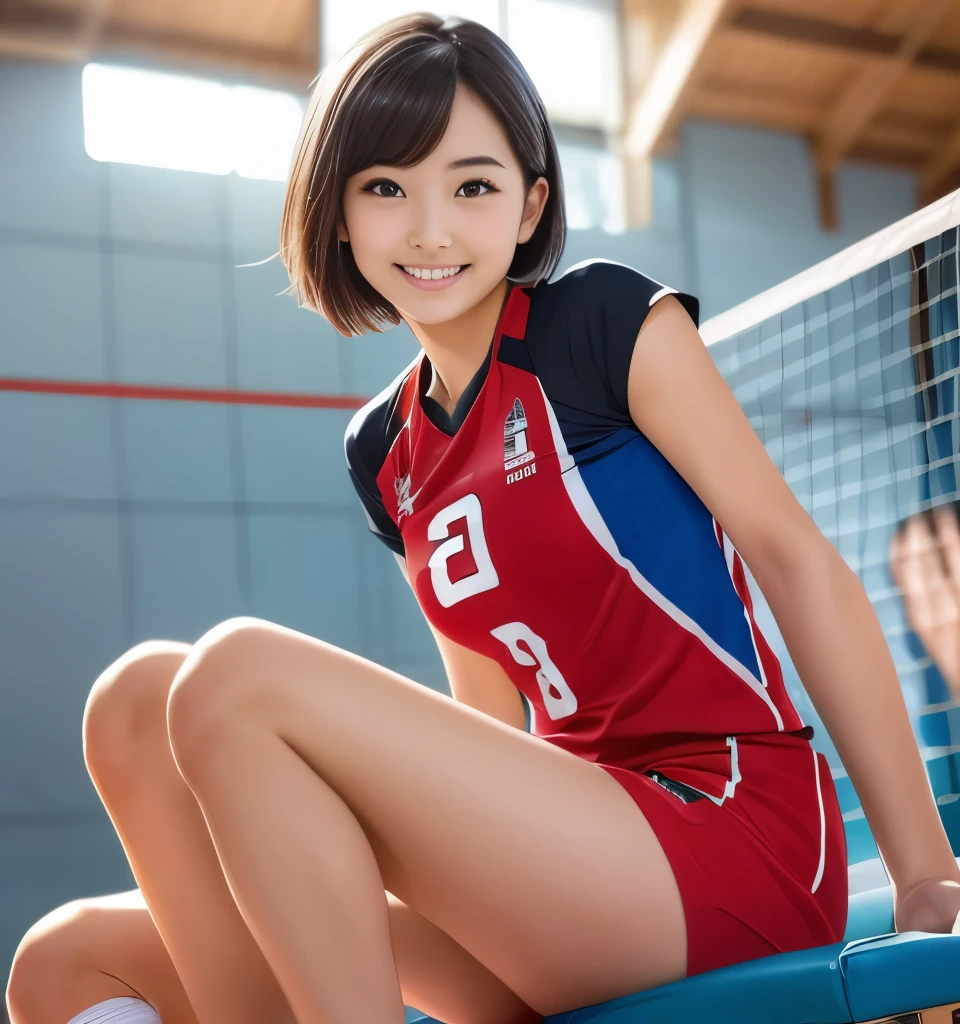   top quality、、  super high resolution、    Masterpiece    、Clear Photo、    professional lighting  、smile、(  とても cute girl 、    cute girl 、  Cute Yuki Yoda 、 The cutest in the world  )、*********、   small ****   、(   big erect nipples   、   Exposed back )、Ultra slim、  slender body、   Thin Waist、  beautiful legs、(   volleyball player)、(   sitting on a volleyball court、Sit in front of the camera、    legs wide open  )、   very short hair:1.6、  brown hair