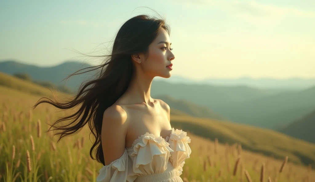 A beautiful woman with a lovely aura and a rising sun
