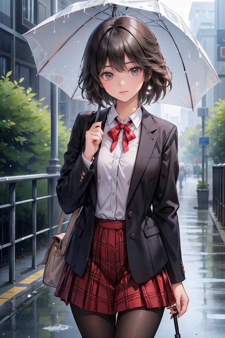 1girl, {{{5 head tall}}}, A heartwarming scene of a high school girl standing in the rain, with water droplets clinging to her hair and uniform. She stands at the school gate, looking slightly downcast. From a first-person perspective, the viewer is depicted as a boy holding an umbrella over her, with only the umbrella and part of the boy’s hand visible. The atmosphere is moody and rainy, with gray skies, wet pavement, and a blurred school entrance in the background. The contrast between her soaked appearance and the sheltering umbrella creates a tender, emotional moment, {{hdr}}, {{{masterpiece}}}, 4k, beautiful anime teen, {high resolution illustration}, {finely detailed beautiful eyes and detailed face}, (very detailed CG Unity 8k wallpaper), best quality, cinematic lighting, (photorealistic), Detailed, Ultra-Detailed, Digital Art, beautiful face, (bloom), detailed background, The girl has black short hair, ((brown eyes)), {{{formal school uniform; (red neck ribbon), (red plaid skirt), (black blazer), (see-through black pantyhose)}}}, wet,