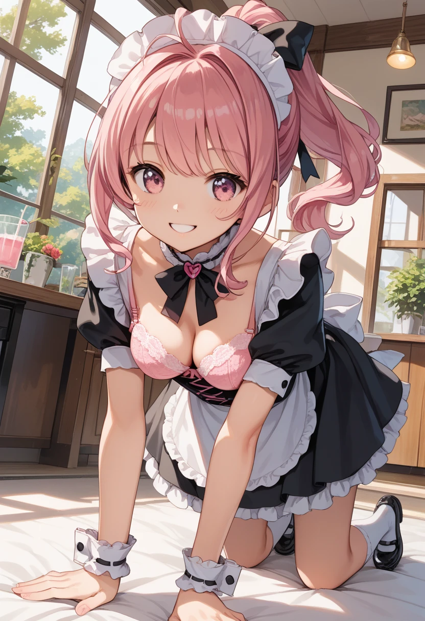 , high definition, top quality, thigh miniskame clothes, ta style maid cute girl
pattern height score_9, score_8_up, score_7_up, source_anime, rating_questionable, anatomically correct, best perspective, 1 cute girl, pink hair, ponytail, black ribbon, pink eyes, happy Smile, medium breasts, maid cafe
,Pink bras ,are on all fours 斜め横からのangle