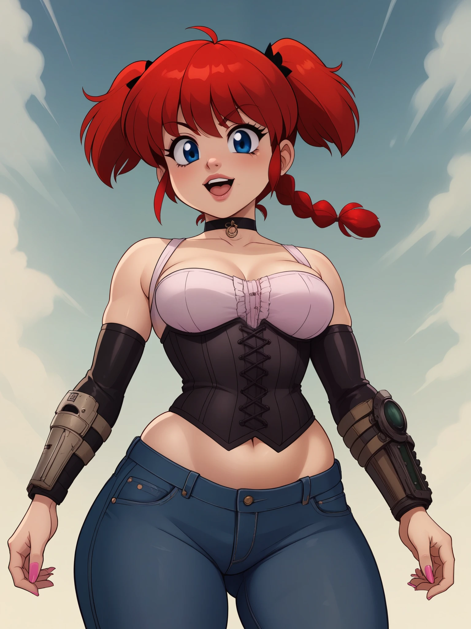 Ranma Saotome. red hair. Blue eyes. pigtail. small saggy breasts. hige hips. bbw. choker. black eyeliner. pink manicure. corset. fallout suit. shirt. jeans. settlement. bottom view. 