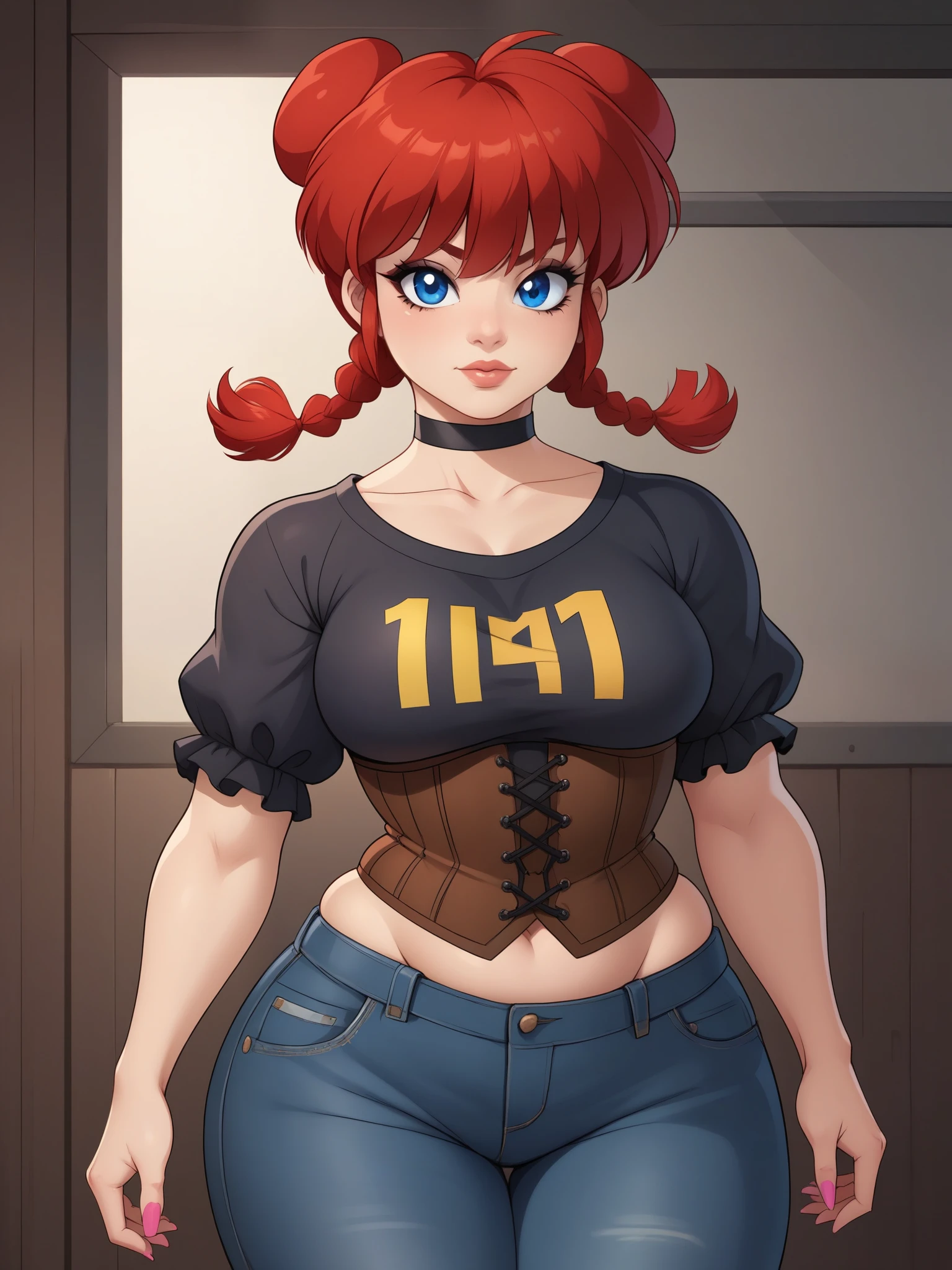 Ranma Saotome. red hair. Blue eyes. pigtail. small saggy breasts. hige hips. bbw. choker. black eyeliner. pink manicure. corset. fallout suit. shirt. jeans. settlement. 