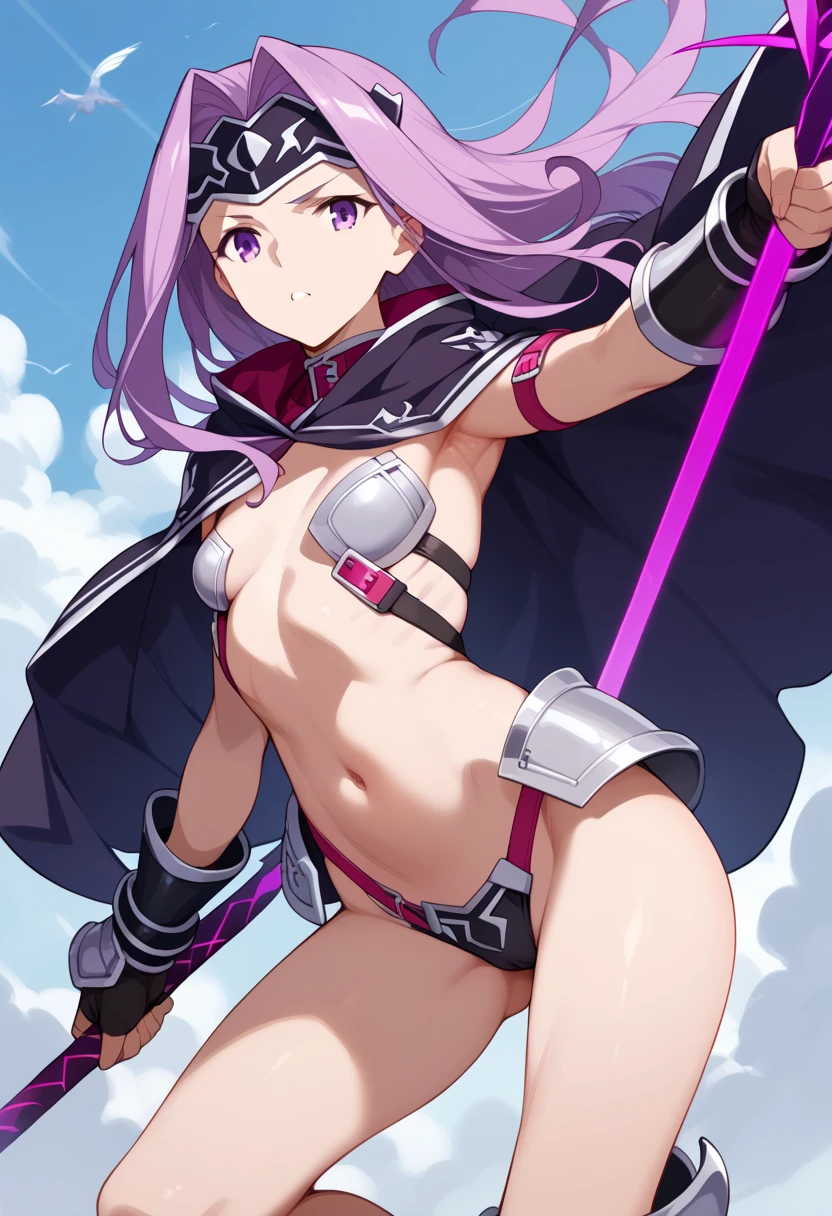 A high definition, highly detailed, highres picture of Medusa Lily {Fate Grand Order} with purple hair, purple eyes, very short, diminutive, short arms, short legs, slender, small breasts, athletic; wearing skimpy battle armor, bare arms, bare belly, bare legs; holding a violet spear realistic grip and fingering for holding the spear; dynamic pose; her cloak flowing in the wind; she is leaping in the air to attack