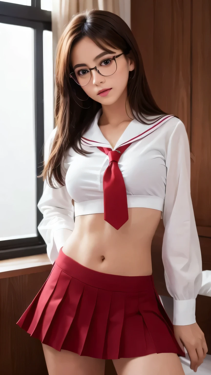 (masterpiece, highest quality), 1girls, schoolgirl uniform, shy, showing off, beautiful woman, red garter belt, nude, no clothes