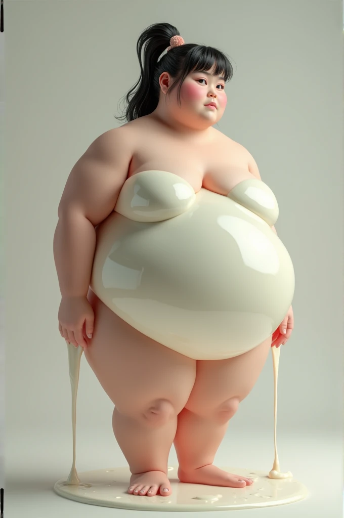 (1girl), beautiful pregnant supermodel Hinata, glowing eyes, white bikini, extremely obese, (obese belly):1.8, (obese legs):1.5, fat rolls, massive SSBBW body, massive pregnant hyperbelly, soft massive obese pregnant belly, cute chubby feminine face, sensual pose, soft obese thighs, soft obese legs, soft obese breasts, soft obese arms, soft chubby hands, soft chubby feet, holding a chicken leg