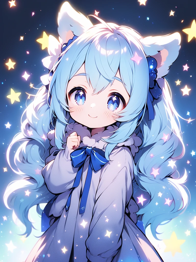  face focus,   Masterpiece  ,  top quality,  girl，Baby kitsune，を looks up，Shiny and colorful , Sparkling butterfly， twinkle star ，Shining Heart， Night background ,  Firefly , Particles of light, Alone,  light blue hair with twin tails,  Light Blue Eyes ,  cute smiles ， standing,  pixib,  written border depth ,  Film Structures , Best lighting,  looks up