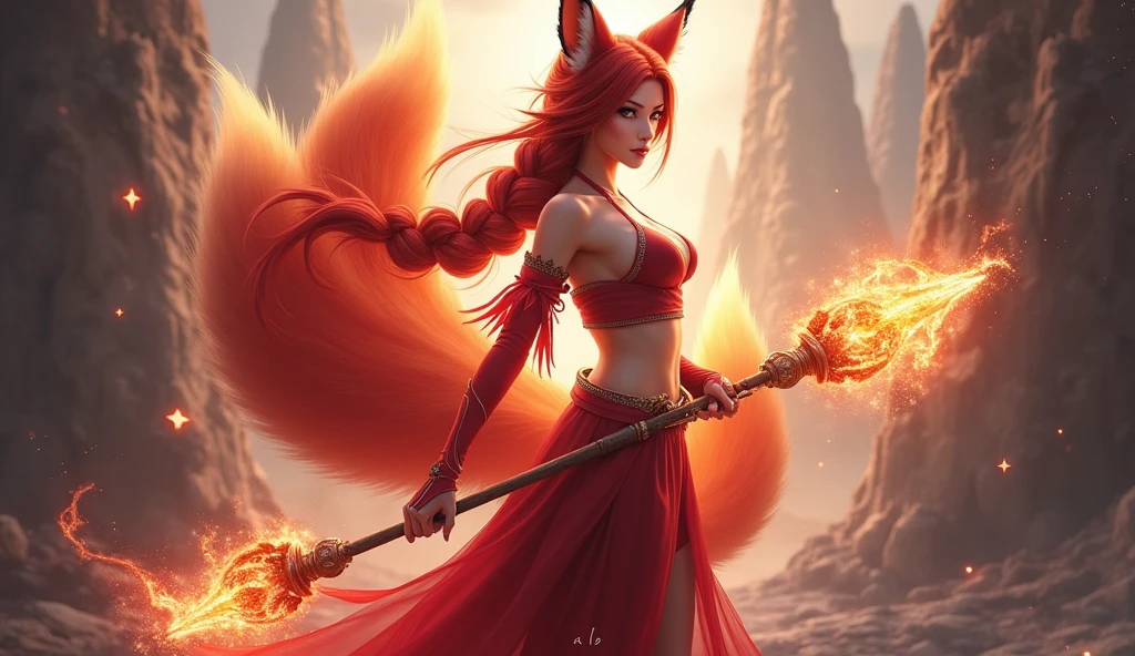 an adult woman who has shoulder short red hair with side parting. her eyes are brown. her eyes are siren shaped. she has fox ears with a fluffy fox tail, from her hands she can produce fire ,highly detailed, modern clothes