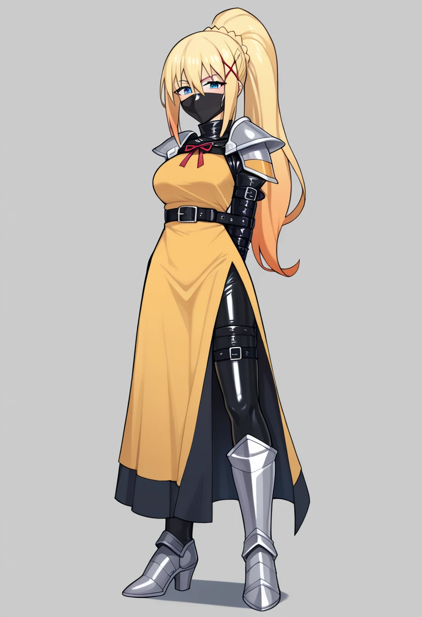 score_9, score_8_up, score_7_up, 1 girl,  darkness from konosuba lore, ((AEDarknessDef, blonde hair, blue eyes, braid, hair between eyes, high ponytail, long hair, sidelocks, x hair ornamet, black bodysuit, armored dress, yellow dress, red ribbon, boobplate, shoulder armor, faulds, black gloves, belt, long skirt, armored boots,)), flirt, gaze, sexy look, half-closed eyes, (full bodies in view), perfect proportions, simple background. standing,  belt bondage, bound arms, arms behind back, tight mask, black mask, (armbinder: 1.4), (front view), (leather mask), complete body .