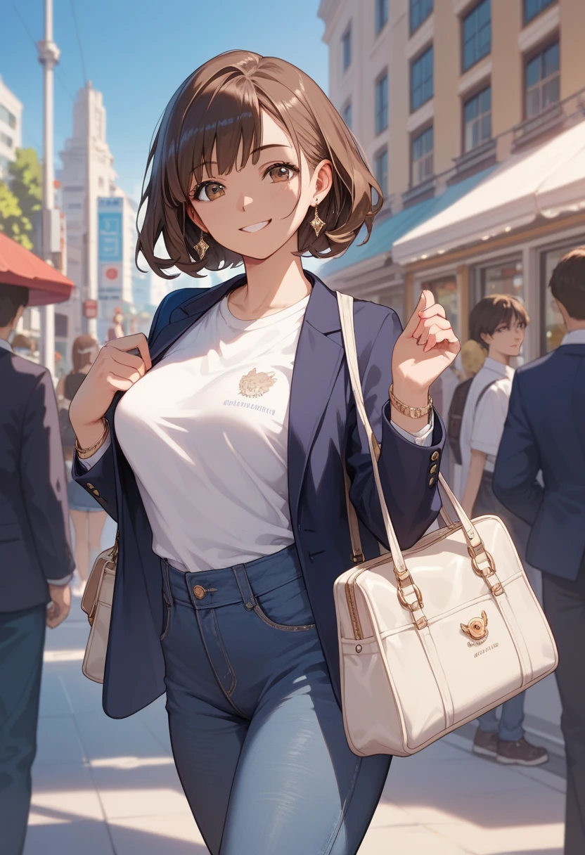 wide view, anime style, 1 woman, t-shirts, blazer, jeans, medium breast, dark brown hair, bang hairstyle, little smile, designer bag in her shoulder, luxurious downtown street