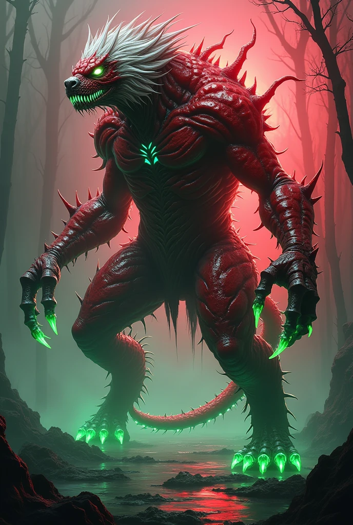 Digital art style, kaiju, Eyes red, big fit ass, body with thorns, mouth with pointed teeth, has the power to control the elements, No meio da floresta