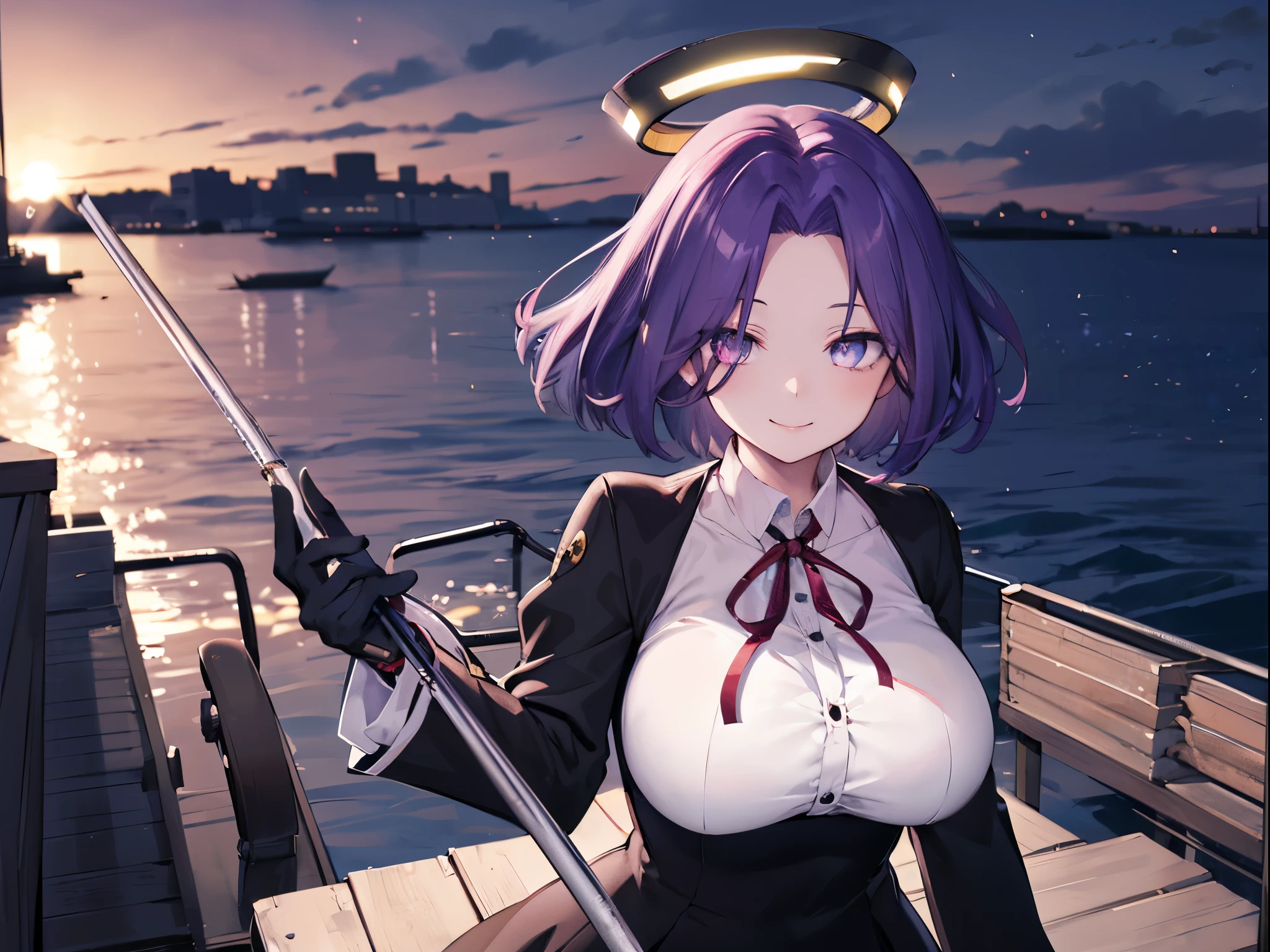 masterpiece, best quality, highres, mechanical halo, (big_breasts:1.2), black dress, neck ribbon, long sleeves, black gloves, outdoors, cowboy shot, standing, holding weapon, polearm,smile,,harbor_town_landscape,purple_halfeyes,(scornful eyes:1.4)