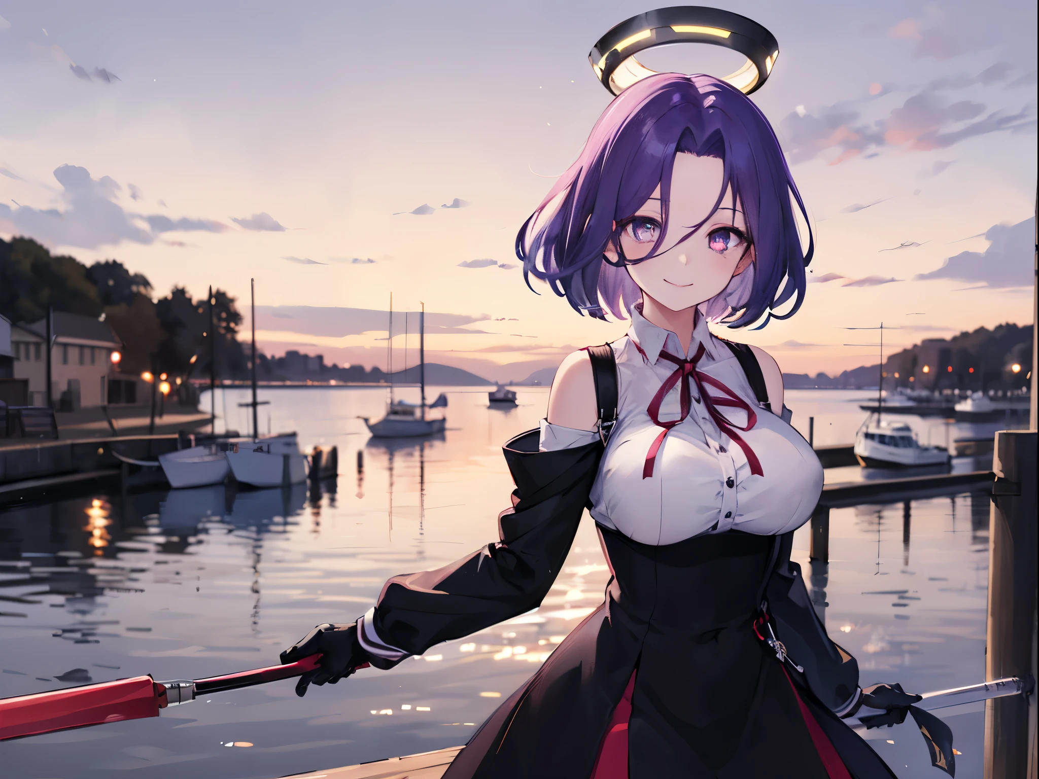 masterpiece, best quality, highres, mechanical halo, (big_breasts:1.2), black dress, neck ribbon, long sleeves, black gloves, outdoors, cowboy shot, standing, holding weapon, polearm,smile,,harbor_town_landscape,purple_halfeyes,(scornful eyes:1.4)