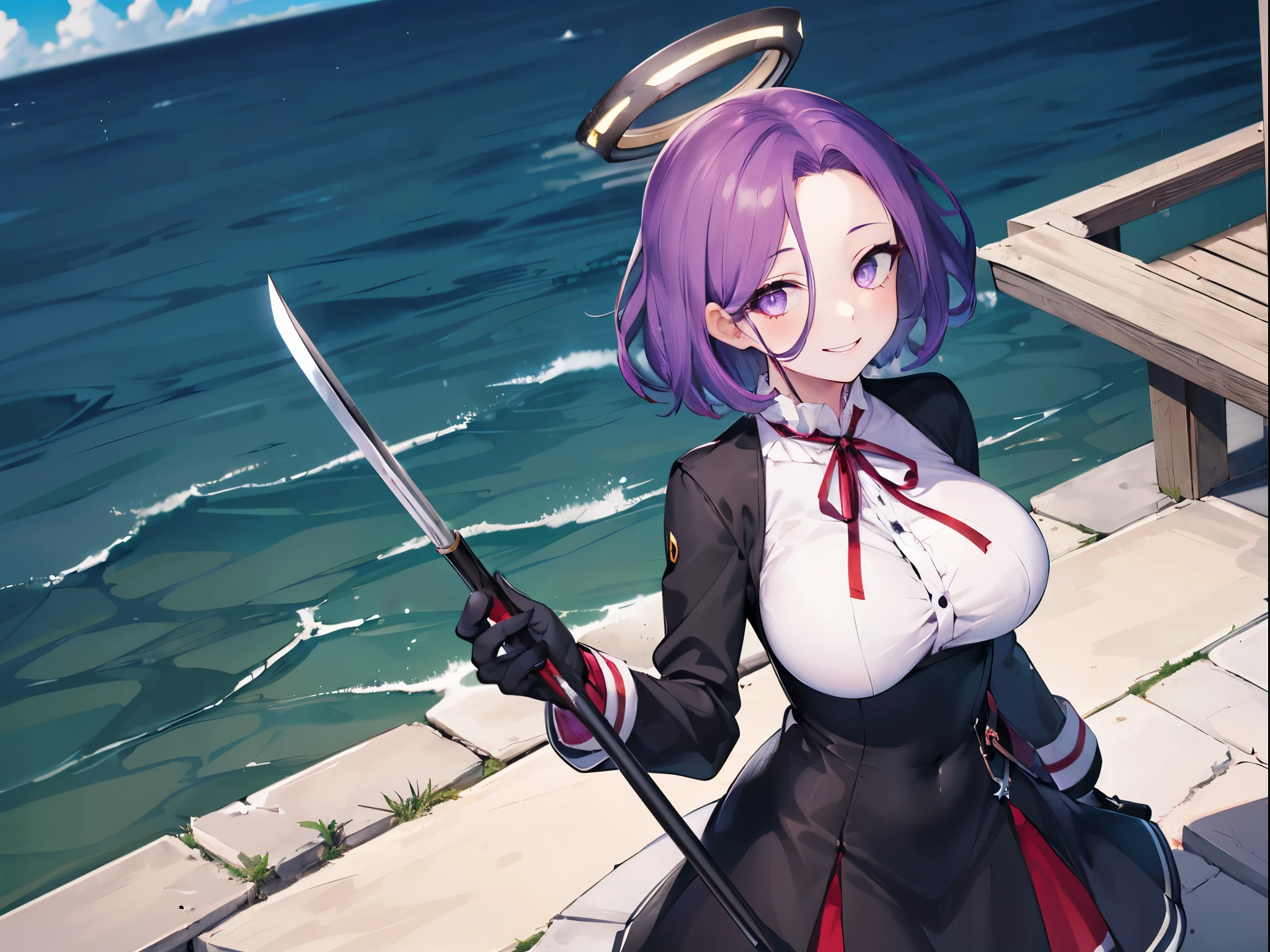 masterpiece, best quality, highres, mechanical halo, (big_breasts:1.2), black dress, neck ribbon, long sleeves, black gloves, outdoors, cowboy shot, standing, holding weapon, polearm,smile,,harbor_town_landscape,purple_halfeyes,(scornful eyes:1.4)