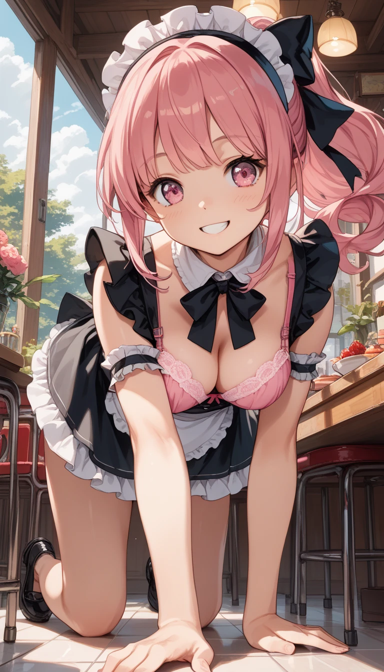 , high definition, top quality, thigh miniskame clothes, Lolita style maid cute girl
pattern height score_9, score_8_up, score_7_up, source_anime, rating_questionable, anatomically correct, best perspective, 1 cute girl, pink hair, ponytail, black ribbon, pink eyes, happy Smile, medium breasts, nigh tmaid cafe
,Pink bras ,are on all fours