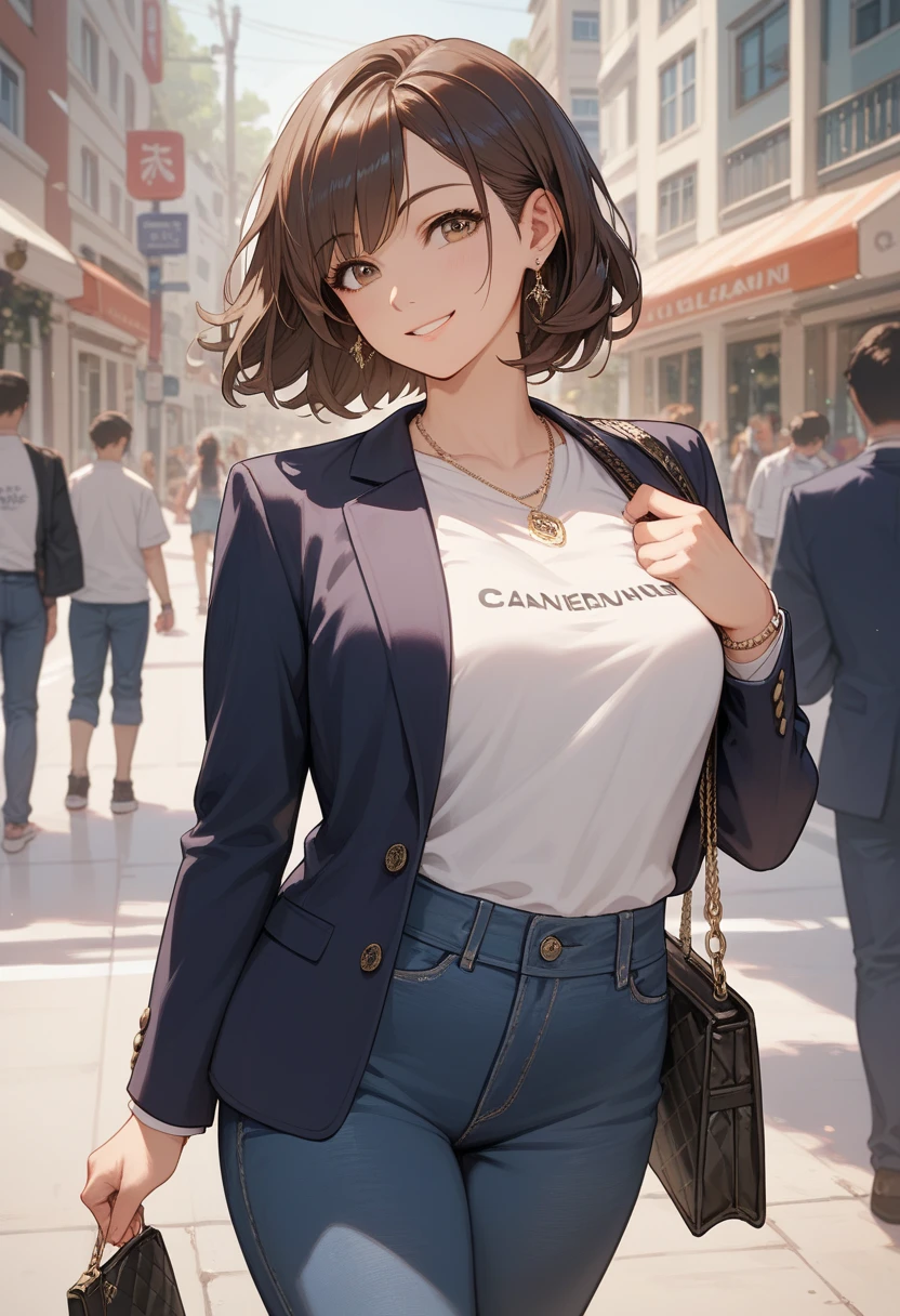 wide view, anime style, 1 woman, t-shirts, blazer, jeans, medium breast, dark brown hair, bang hairstyle, little smile, designer bag in her shoulder, luxurious downtown street