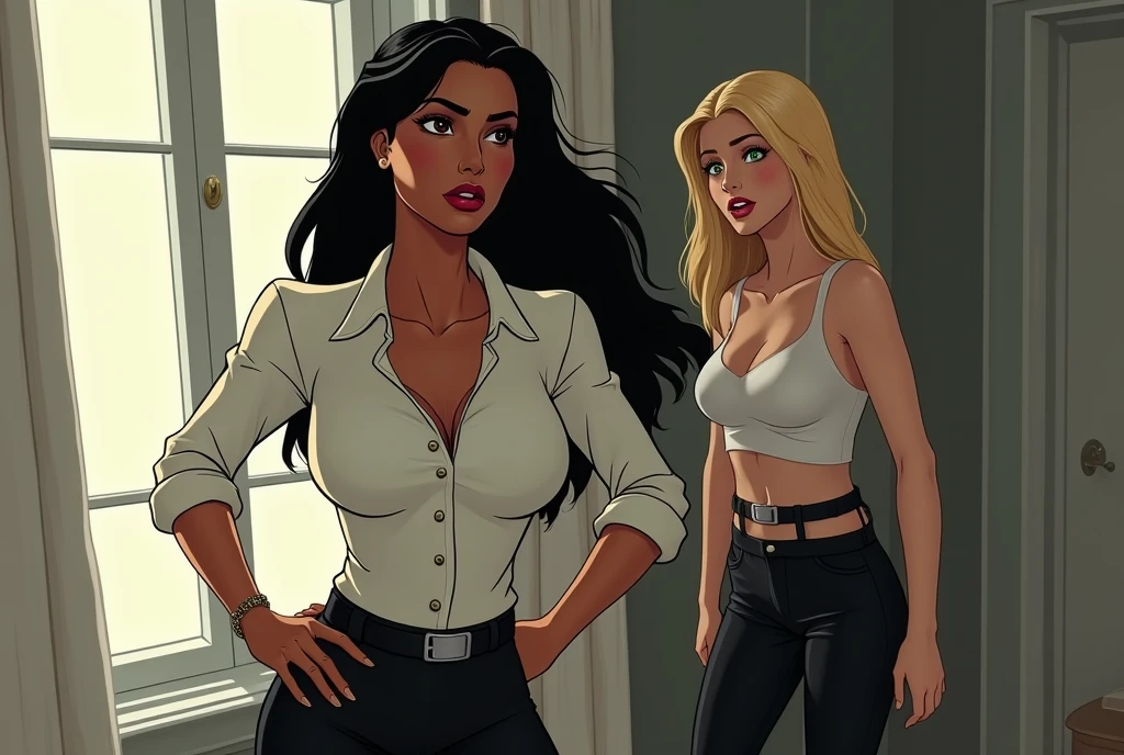 2girls, pharah and mercy, overwatch, blonde hair, black hair, deep v neck, dress