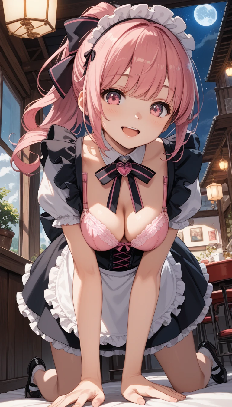 , high definition, top quality, thigh miniskame clothes, Lolita style maid cute girl
pattern height score_9, score_8_up, score_7_up, source_anime, rating_questionable, anatomically correct, best perspective, 1 cute girl, pink hair, ponytail, black ribbon, pink eyes, happy Smile, medium breasts, nigh tmaid cafe
,pink Bras ,are on all fours,  night view