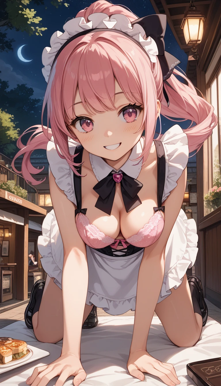 , high definition, top quality, thigh miniskame clothes, Lolita style maid cute girl
pattern height score_9, score_8_up, score_7_up, source_anime, rating_questionable, anatomically correct, best perspective, 1 cute girl, pink hair, ponytail, black ribbon, pink eyes, happy Smile, medium breasts, nigh tmaid cafe
,pink Bras ,are on all fours,  night view