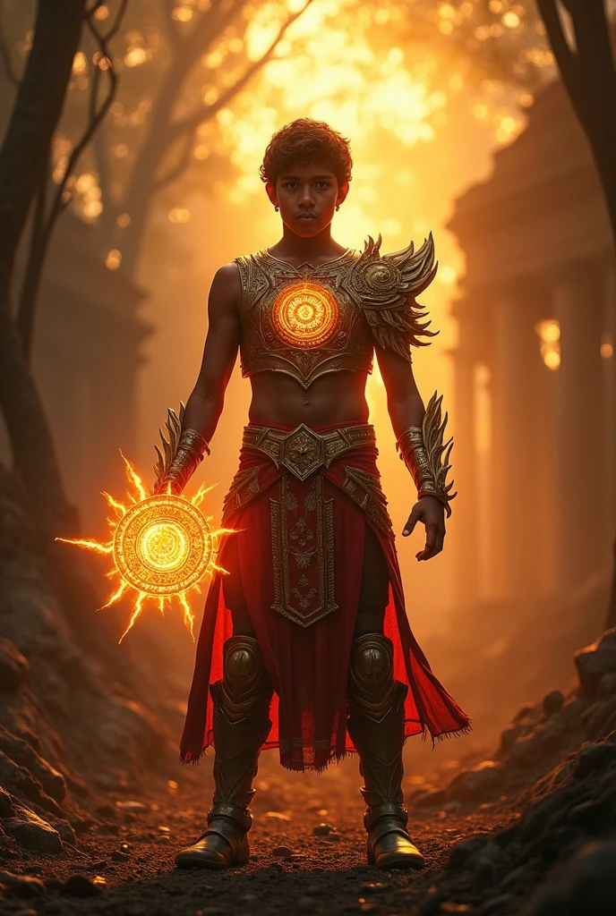 Create a powerful image of an Indian boy superhero with the ability to control and generate fire. This superhero should be a figure of strength and grace, adorned in traditional Indian attire with modern elements, such as a flowing dhoti or sari combined with high-tech armor. Their hands should be engulfed in flames, with fiery tendrils swirling around them, representing their control over fire. The superhero should have a fierce, determined expression, with flames illuminating their eyes. The background could depict an intense scene, like a burning battlefield or a cityscape at dusk, where the hero is using their powers to protect and save lives.