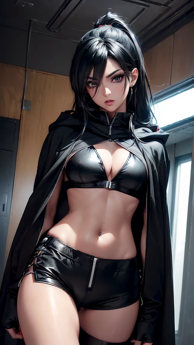 a girl in a all black ninja outfit with a ninja headband composed of an iron metal plate and a band of cloth engraved with the ninja symbol on it
hanging sword behind ,Whole body