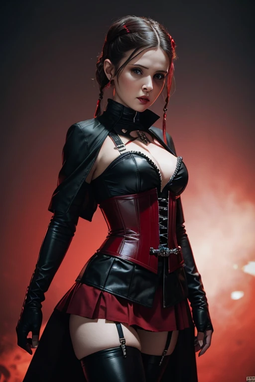 gothGals,Tattooed with,She wears a stud PVC corset,red colour,There are feathers on the shoulders, wind coat,kneehigh boots,(fish net leggings).