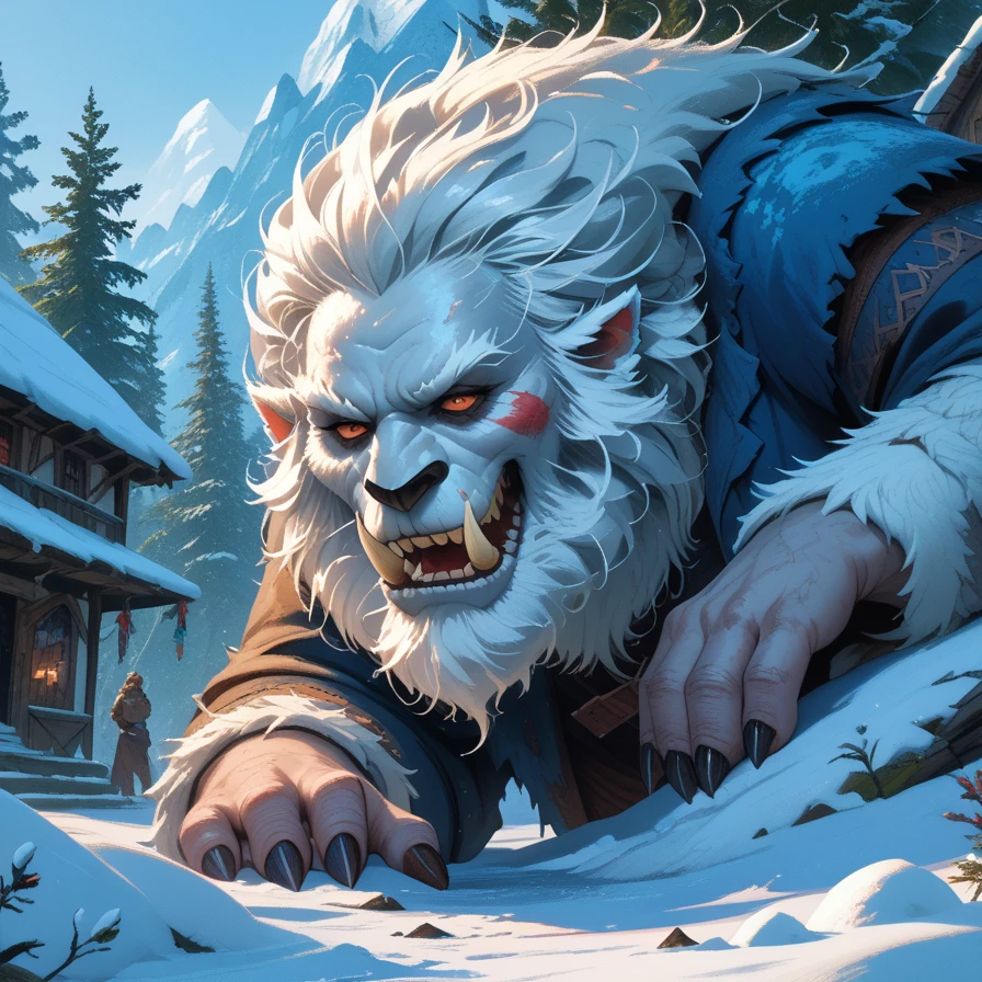 A SCARY Yeti monster, masterpiece,  amazing art, DnD, dungeons and dragons art, snow yeti, 