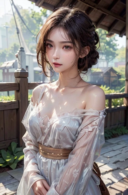 Sweet girl clothes10,korean dress, ((cowboy shot)), Redlip, A mature woman, cosmetics, フォトリアリスティック、real photograph、((realistically:1.5))、There are white phalaenopsis around the hair,Lilac dendrobium、white lilies、1 rapariga、Brown hair、floated hair、A plump chest, slim toned body, Charming legs, Hefty Smile, Strike elegant poses, Have extremely beautiful facial features、Hairpin on the head、perfect hand、(natta、themoon、precipice)、 vectorial art、Chinese contemporary art、gentlesoftlighting、looking-down