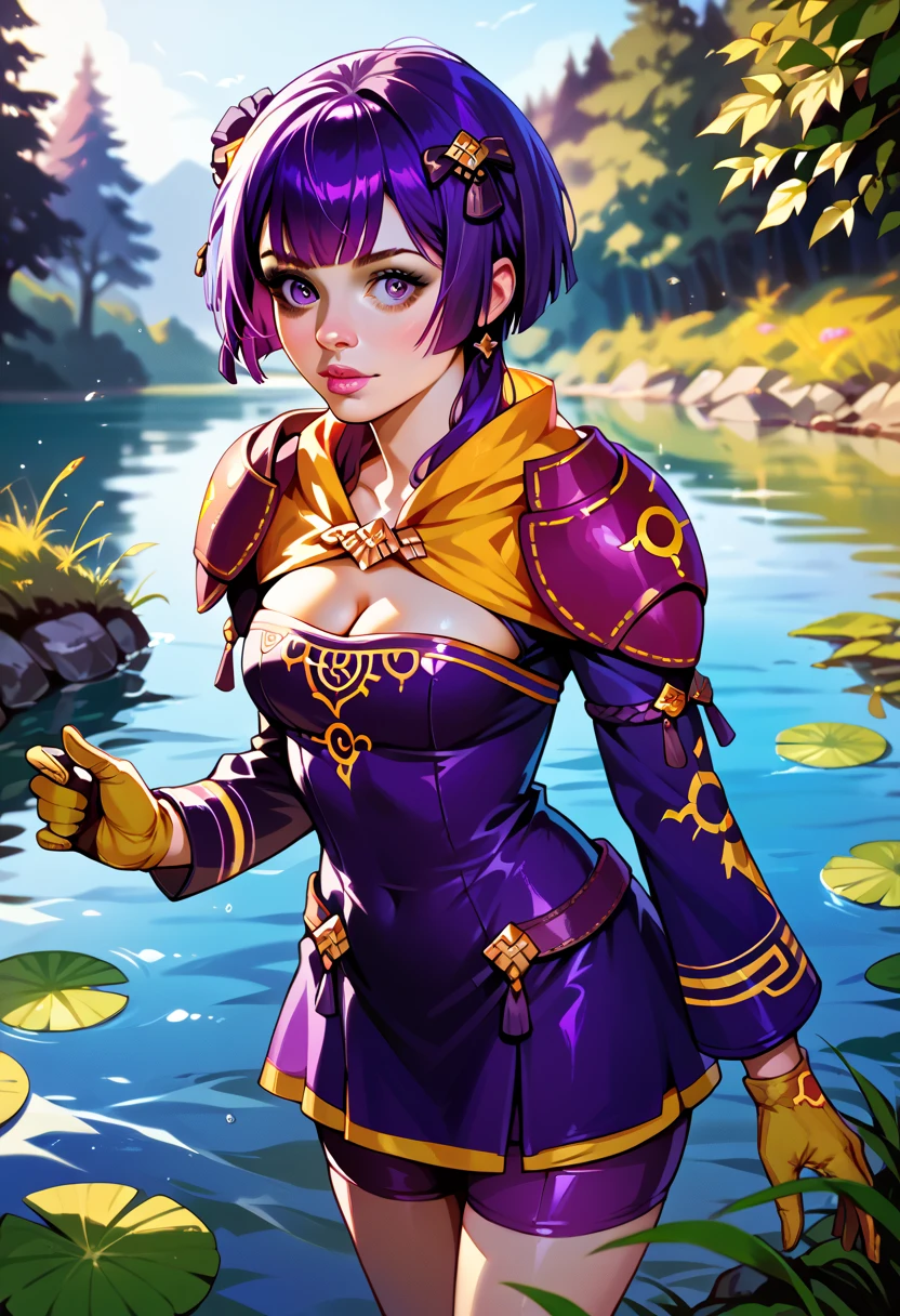 Illustration, realistic proportions, warBernie, short purple hair, hair ornament, shoulder pads, purple dress, short dress, long sleeves, purple shorts, cleavage, yellow gloves, standing on the coast of a lake, watching towards water