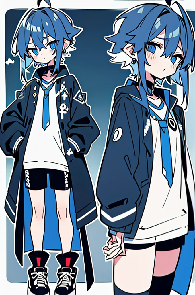 Boy, soft blue eyes, soft blue hair color, messy hair, jacket, white uniform with tie, black shirt shorts,  zenless zone zero 