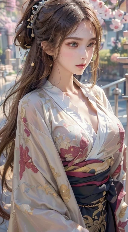 Photorealistic, High resolution, 1womanl, Solo, hips up high, look at viewr, (Detailed face), Kimono, The tattoo, Jewelry